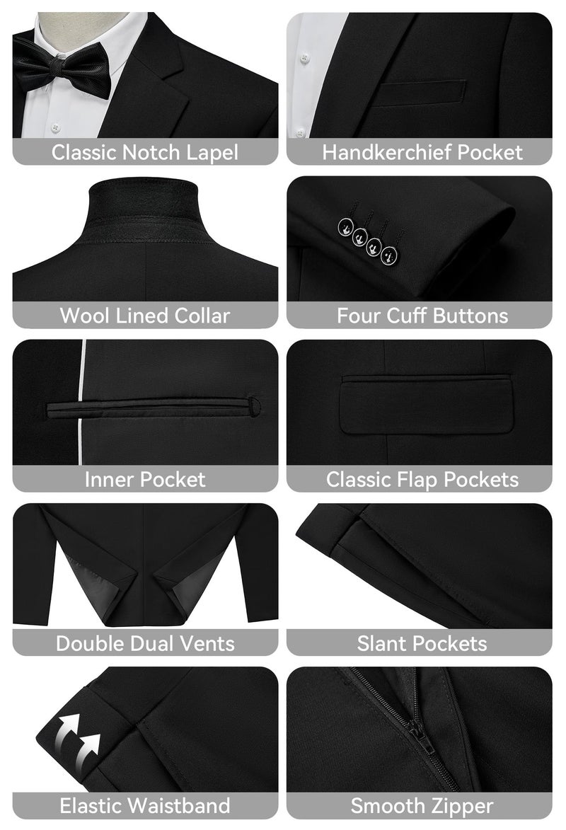 WEEN CHARM Men's Suits Slim Fit 2 Piece Black Tuxedo One Button Wedding Groom Prom Party Blazer Pants Set - Image 3